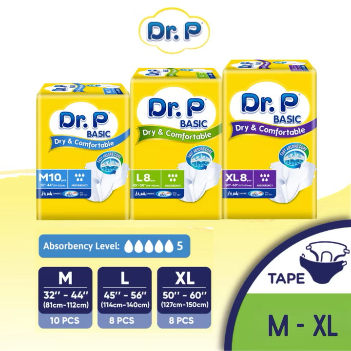 Dr.P by TENA Basic Adult Incontinence Diapers (Tape) — Comfortable Protection for Daily Use - M10/L8/XL8
