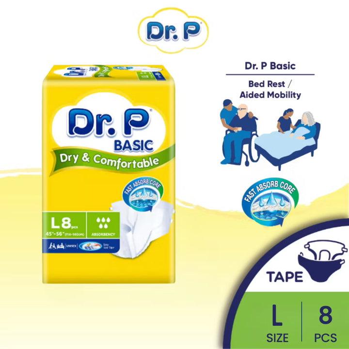 Dr.P by TENA Basic Adult Incontinence Diapers (Tape) — Comfortable Protection for Daily Use - M10/L8/XL8