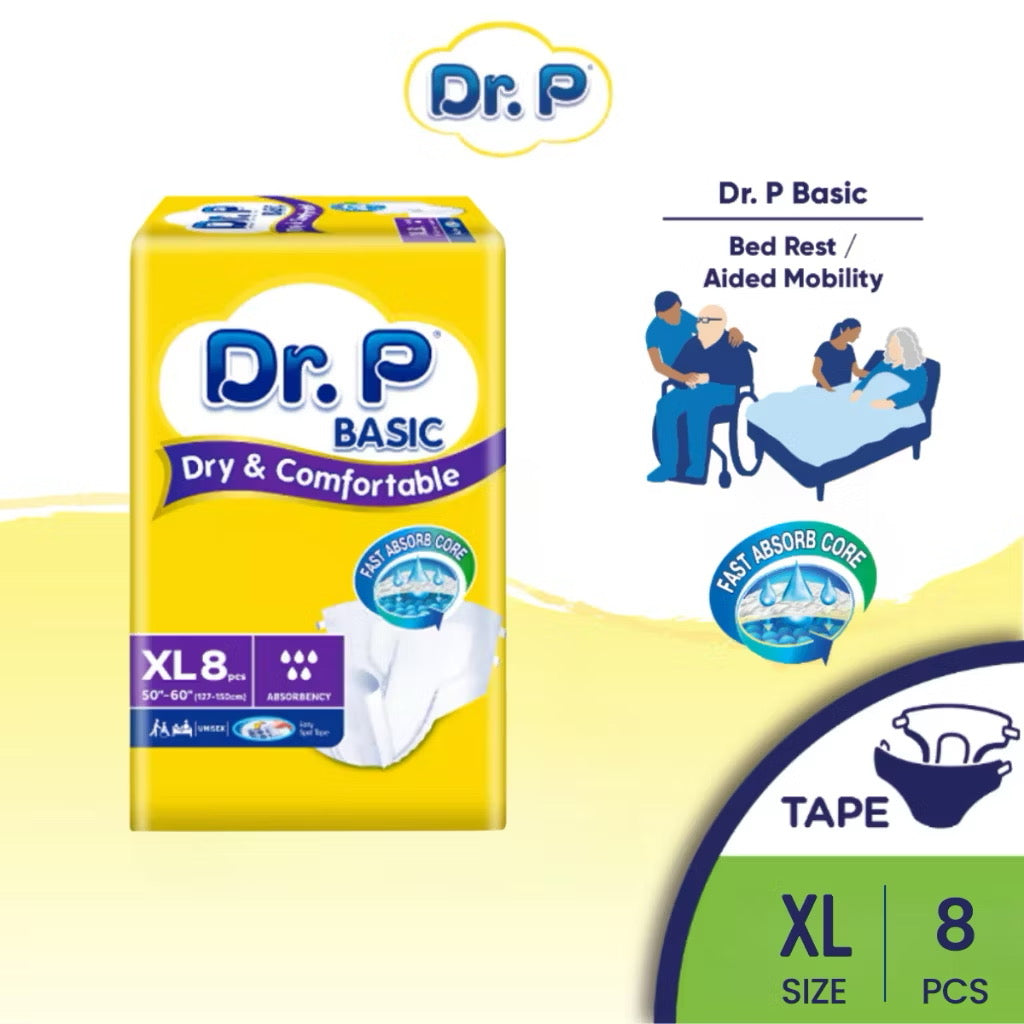 Dr.P by TENA Basic Adult Incontinence Diapers (Tape) — Comfortable Protection for Daily Use - M10/L8/XL8