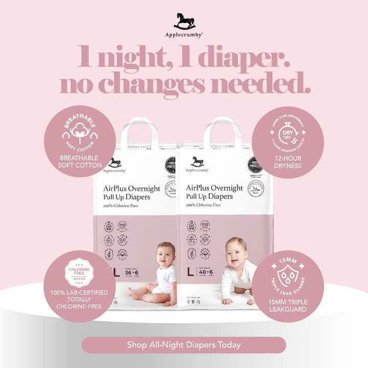 Applecrumby Airplus Overnight Tape Baby Diapers Breathable Ultra Absorbent NB20/S52+4/M48+4/L44+4/XL38+4