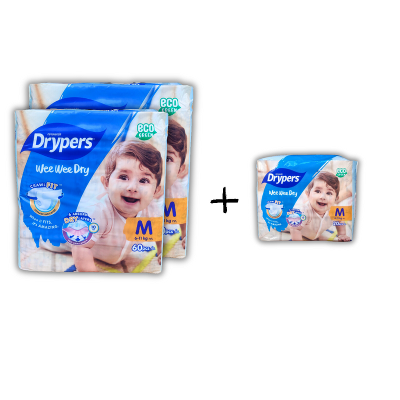 Drypers Wee Wee Dry Mega M  2x 60s Free M20s Twin Pack Bundle [140 pieces]