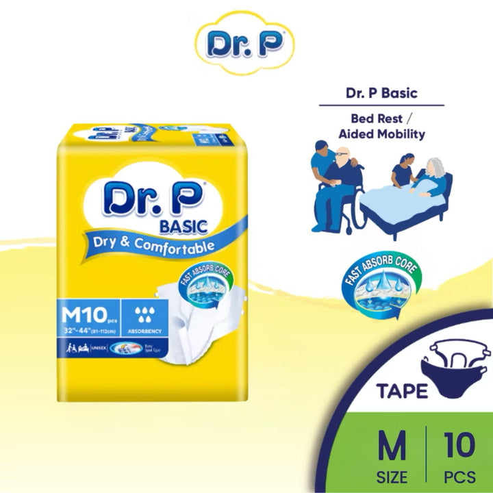 Dr.P by TENA Basic Adult Incontinence Diapers (Tape) — Comfortable Protection for Daily Use - M10/L8/XL8