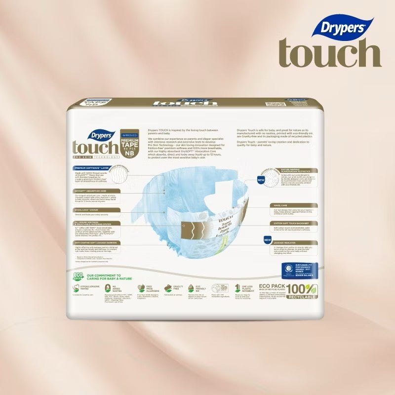 Drypers Touch Mega Disposable Baby Diapers (Tape) Soft Breathable Comfort - NB80/S70/M64/L54/XL46/XXL36