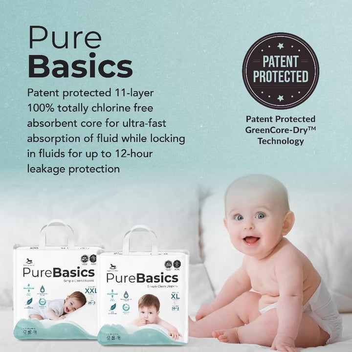 Applecrumby Purebasics Tape Diaper - Soft & Absorbent - S54+2/M46+2/L38+2/XL30+2