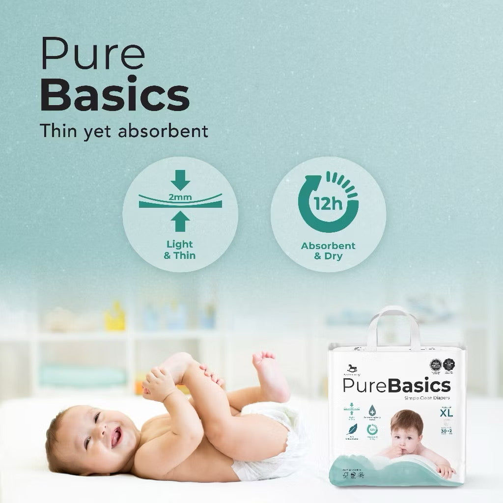 Applecrumby Purebasics Tape Diaper - Soft & Absorbent - S54+2/M46+2/L38+2/XL30+2