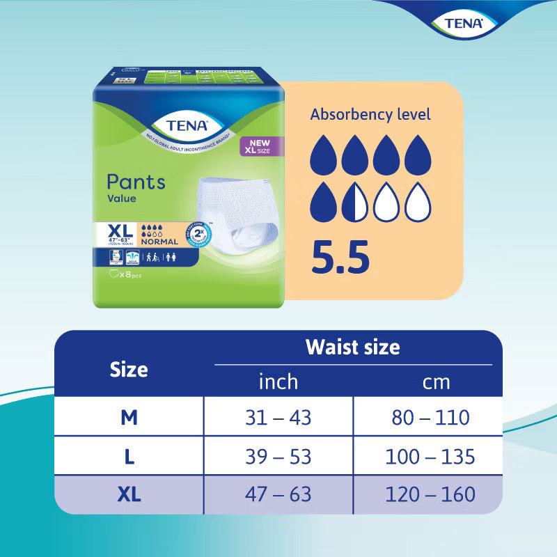 TENA Value Adult Diaper (Pants) for Reliable Comfort and Incontinence Protection - M10/L10/XL8